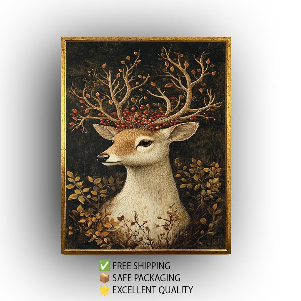 Deer Canvas Wall Art – Rustic Woodland Nature Print with Antlers & Red Berries
