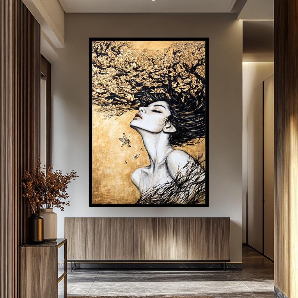 Women Wall Art – Gold Black Abstract Portrait | Elegant Feminine Canvas Decor