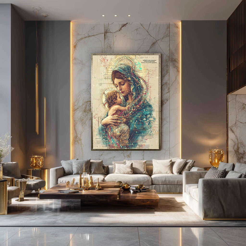 Mother and Child Canvas | Sacred Family Print - Virgin Mary Artwork with Double Helix Halo