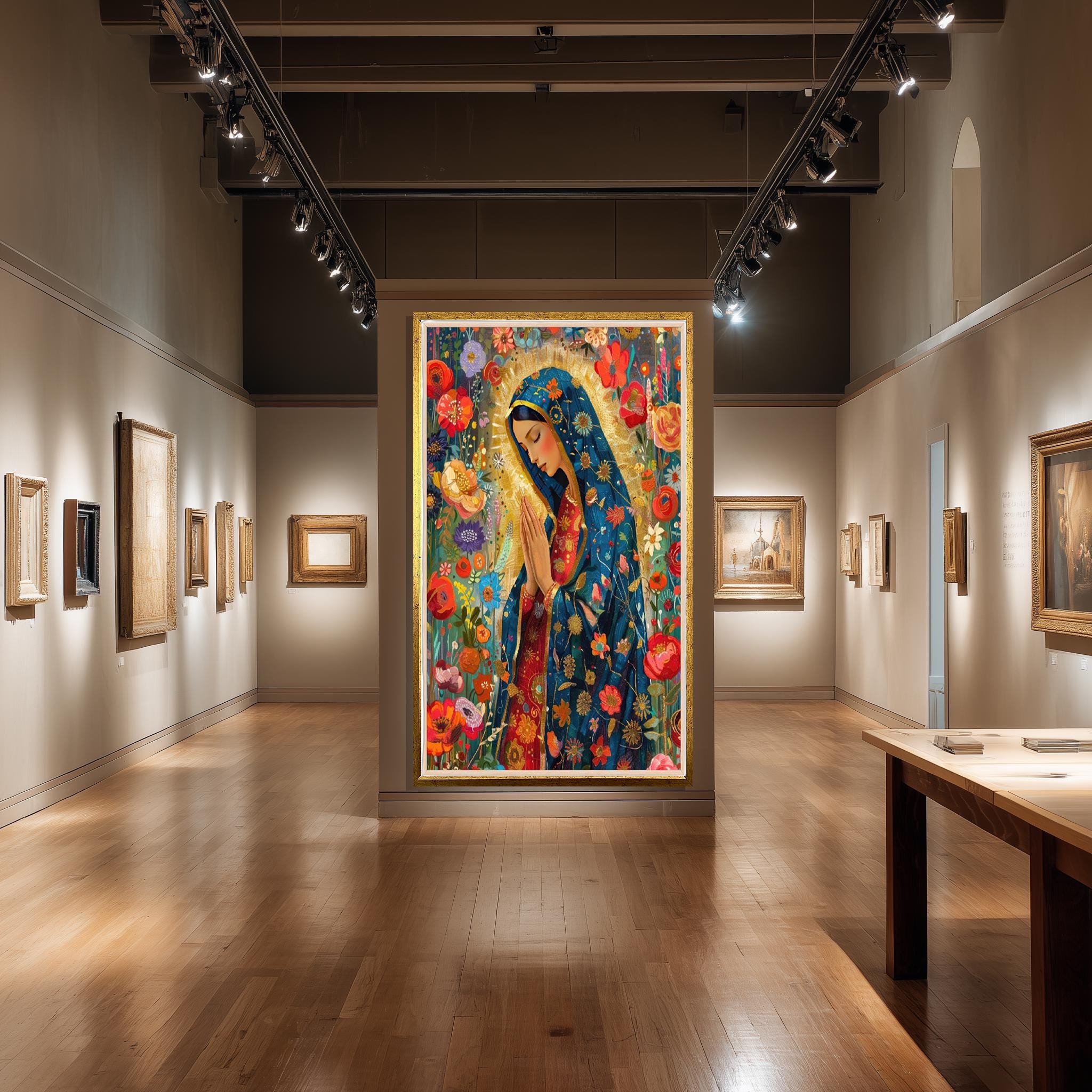 Virgin Mary Canvas Art – Floral Catholic Wall Decor with Gold Accent Canvas Print