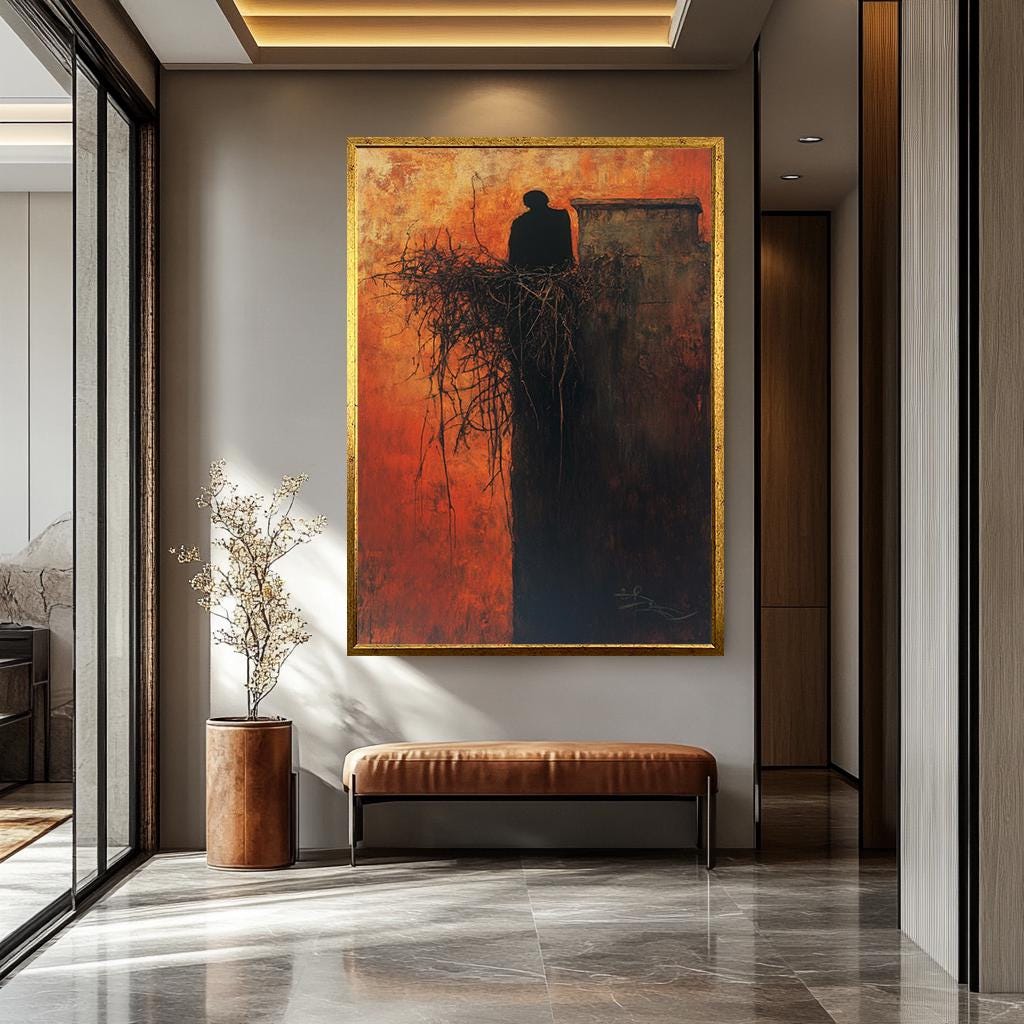 Dark Abstract Canvas – Moody Surreal Shadow Print With Fiery Orange Silhouette