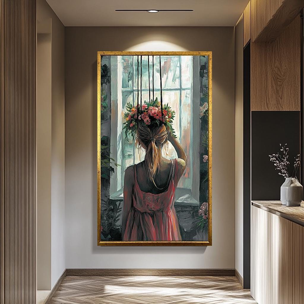 Romantic Woman Wall Art – Floral Head Painting | Feminine Aesthetic Artwork Canvas