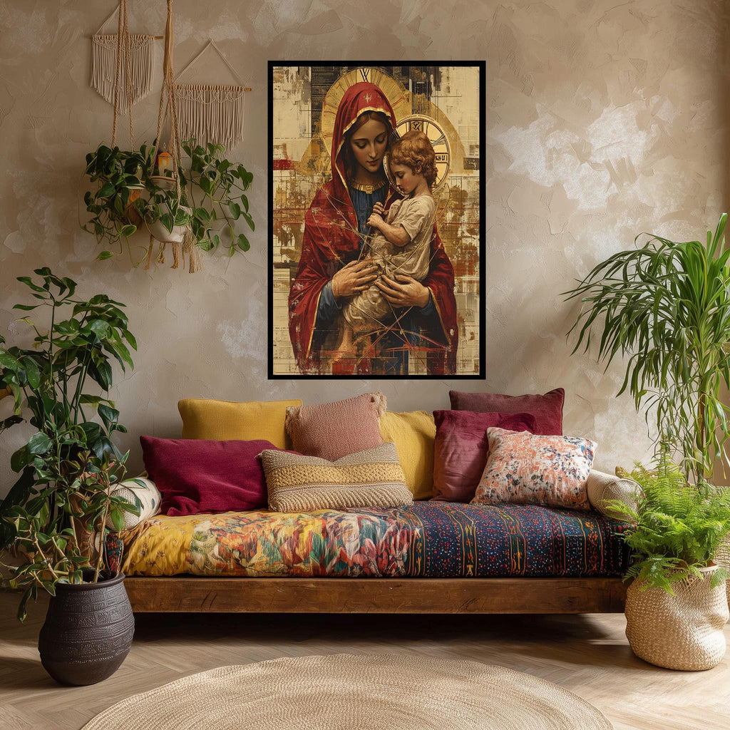 Virgin Mary Jesus Canvas - Sacred Mother Child Print | Gold Halo Artwork