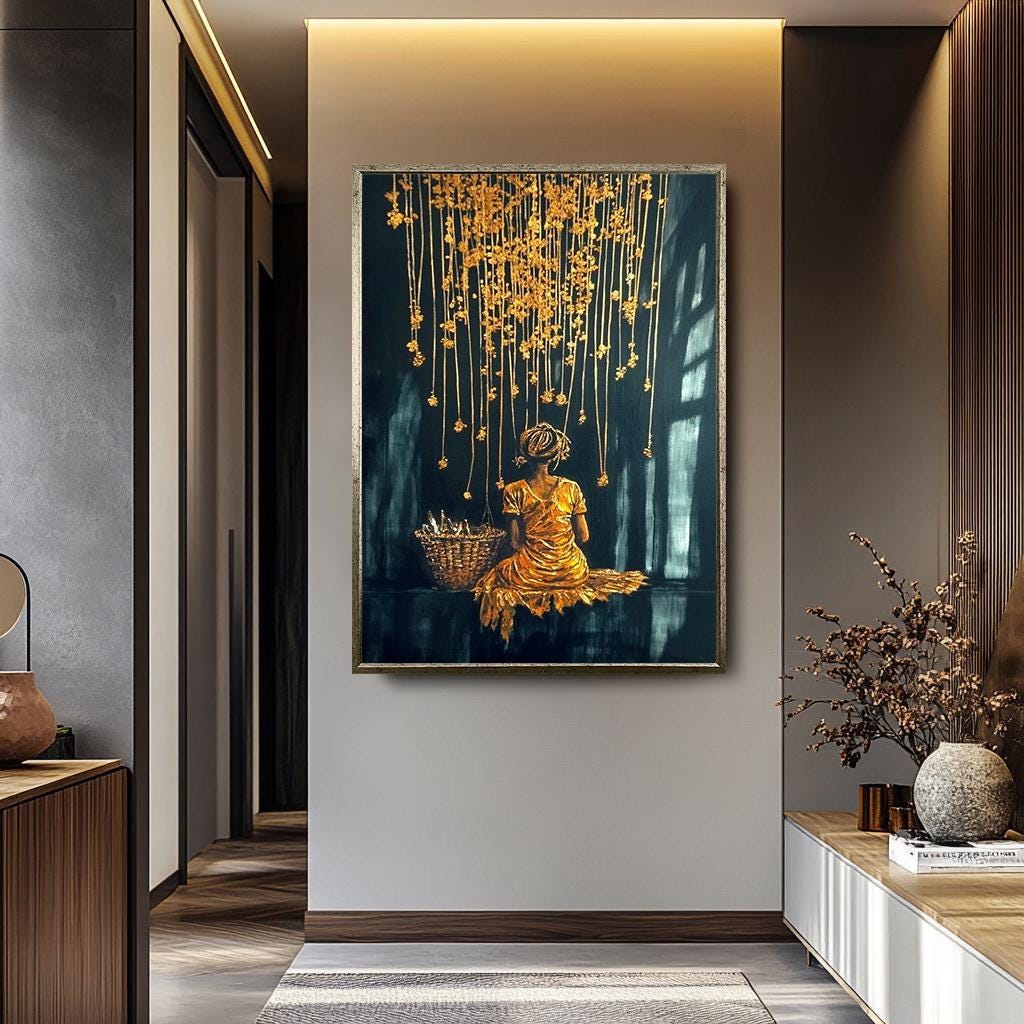 Women Wall Art - Golden Glow Abstract Canvas Painting | Black Gold Woman Portrait Print