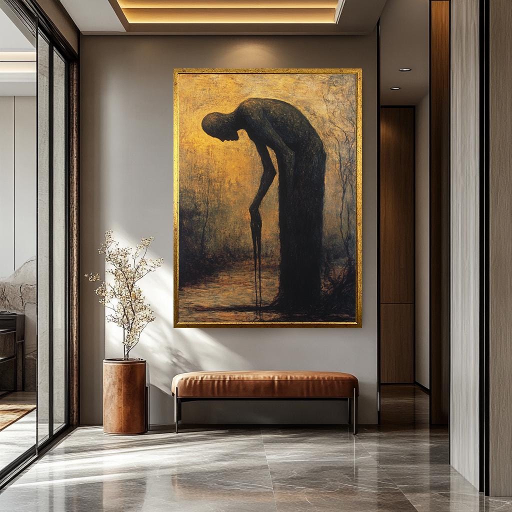 Dark Surreal Canvas Print – Moody Golden Light Gothic Wall Art With Melting Form