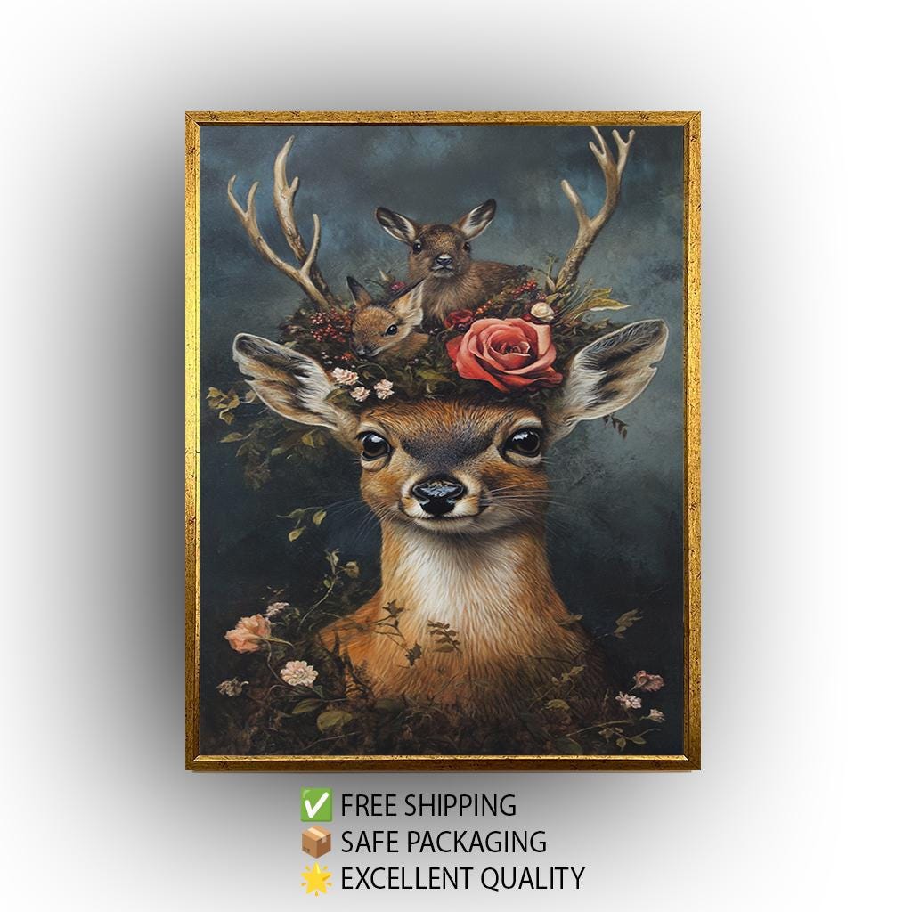 Woodland Deer Canvas Art – Rustic Animal Wall Decor with Baby Fawns & Flowers