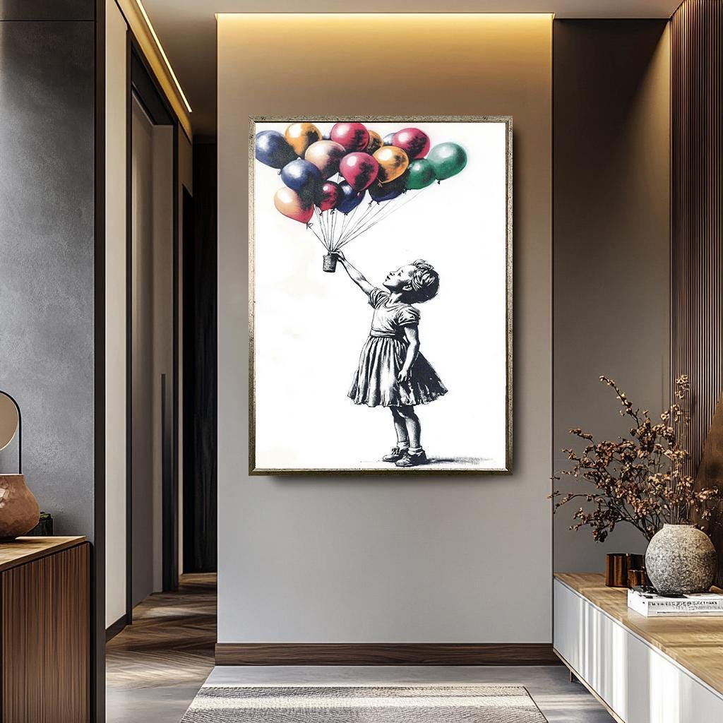 Banksy Balloon Wall Art - Colorful Balloon Girl Canvas | Hand-Painted Graffiti Decor