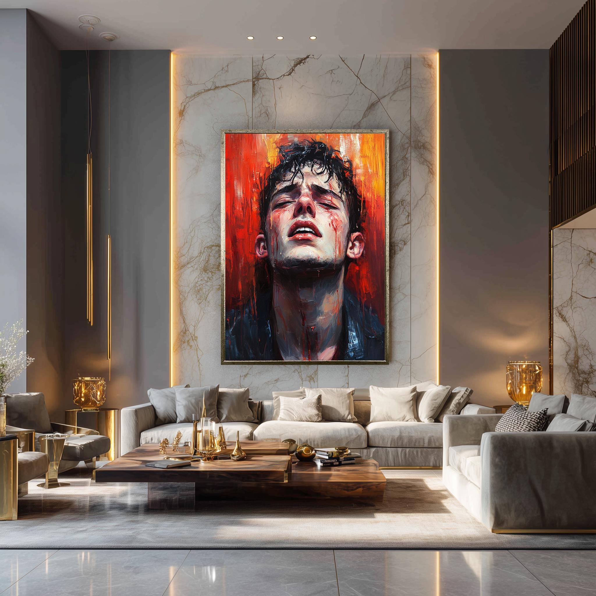 Emotional Male Portrait - Red Abstract Canvas | Bold Figurative Wall Art