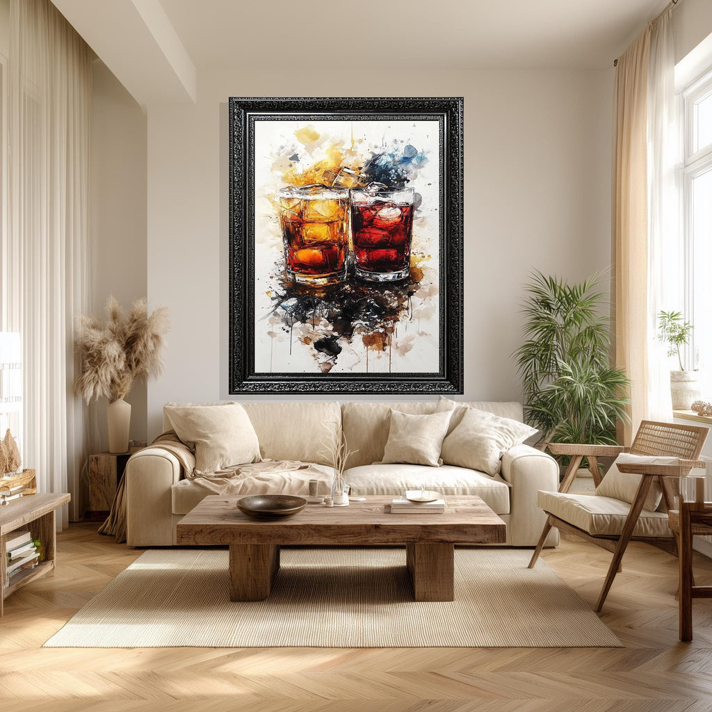 Whiskey Cocktail Wall Art – Abstract Drink Canvas with Ice & Amber Tones for Modern Bar Decor