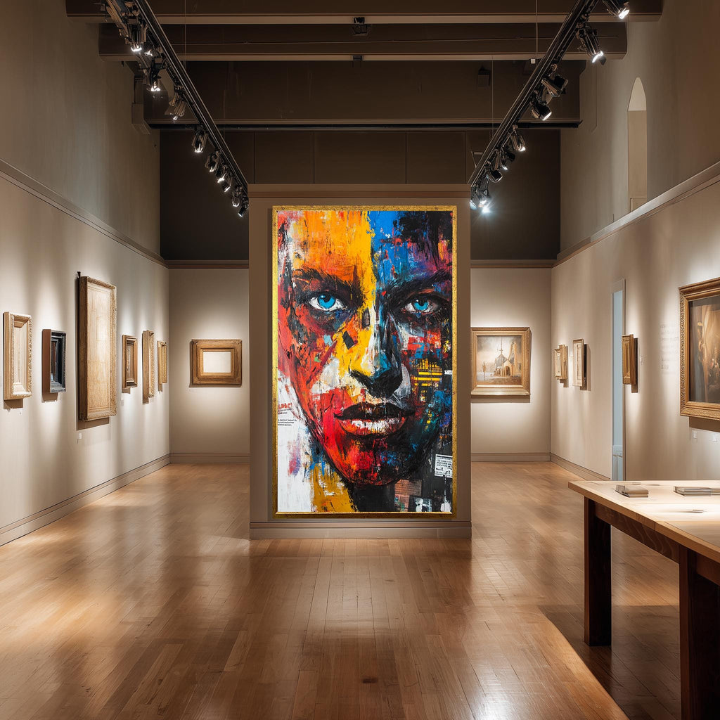 Abstract Face Canvas – Vibrant Wall Print With Intense Blue Eyes | Modern Wall Decor