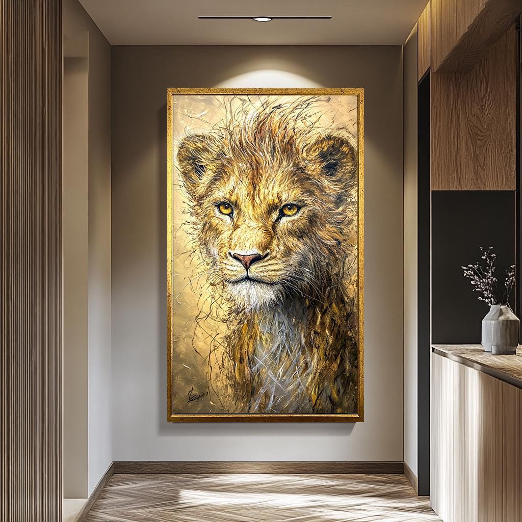 Golden Lion Cub Art – Luxury Wildlife Canvas Painting | Modern Lion Wall Decor