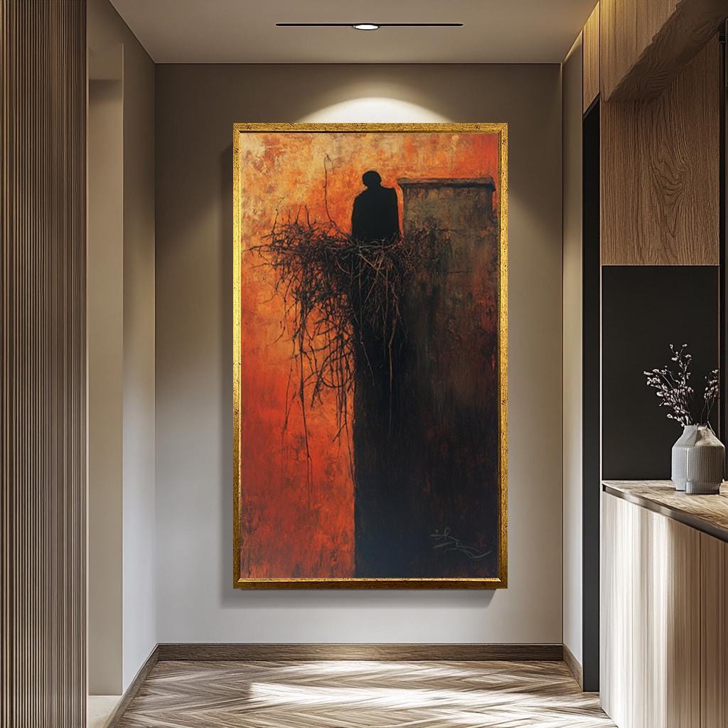 Dark Abstract Canvas – Moody Surreal Shadow Print With Fiery Orange Silhouette