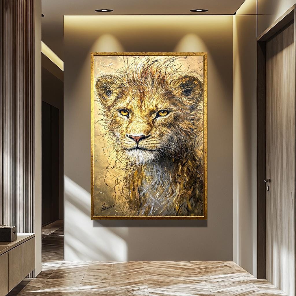 Golden Lion Cub Art – Luxury Wildlife Canvas Painting | Modern Lion Wall Decor