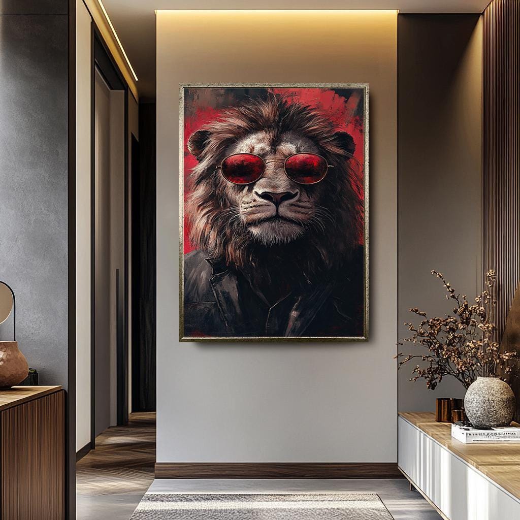 Lion Wall Art – Red Black Canvas Print | Hipster Animal Canvas Decor