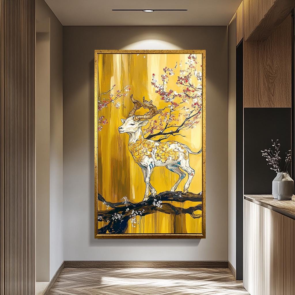 Golden Deer Wall Art - Abstract Hand-Painted Canvas with Cherry Blossom Decor