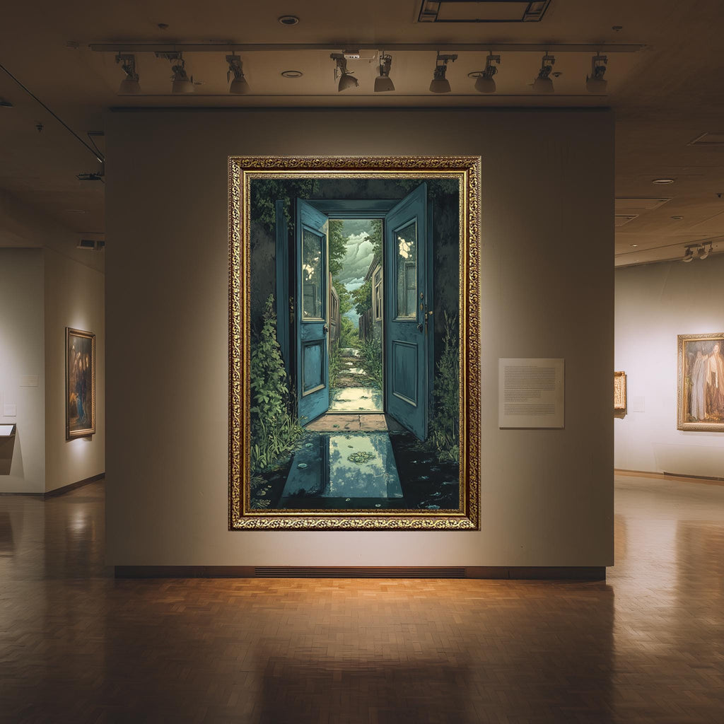 Surreal Open Door Art – Enchanted Door Canvas with Dreamlike Wall Decor & Mystical Garden Print