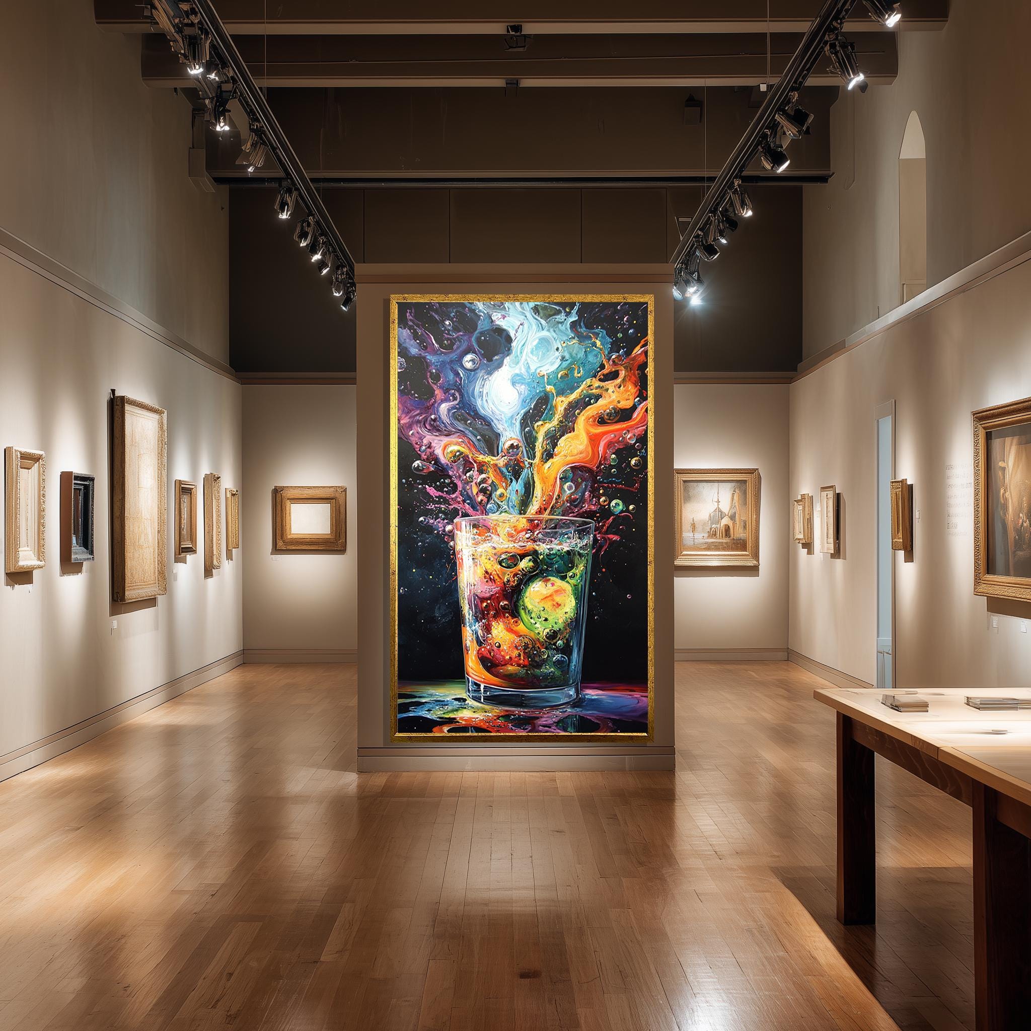 Colorful Cocktail Canvas – Bold Abstract Bar Artwork with Ice Cubes & Vibrant Splash Print