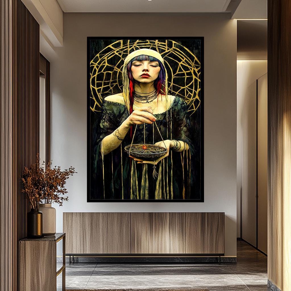 Mystical Woman Wall Art | Dark Aesthetic Decor – Feminine Gothic Artwork & Boho Witch Portrait