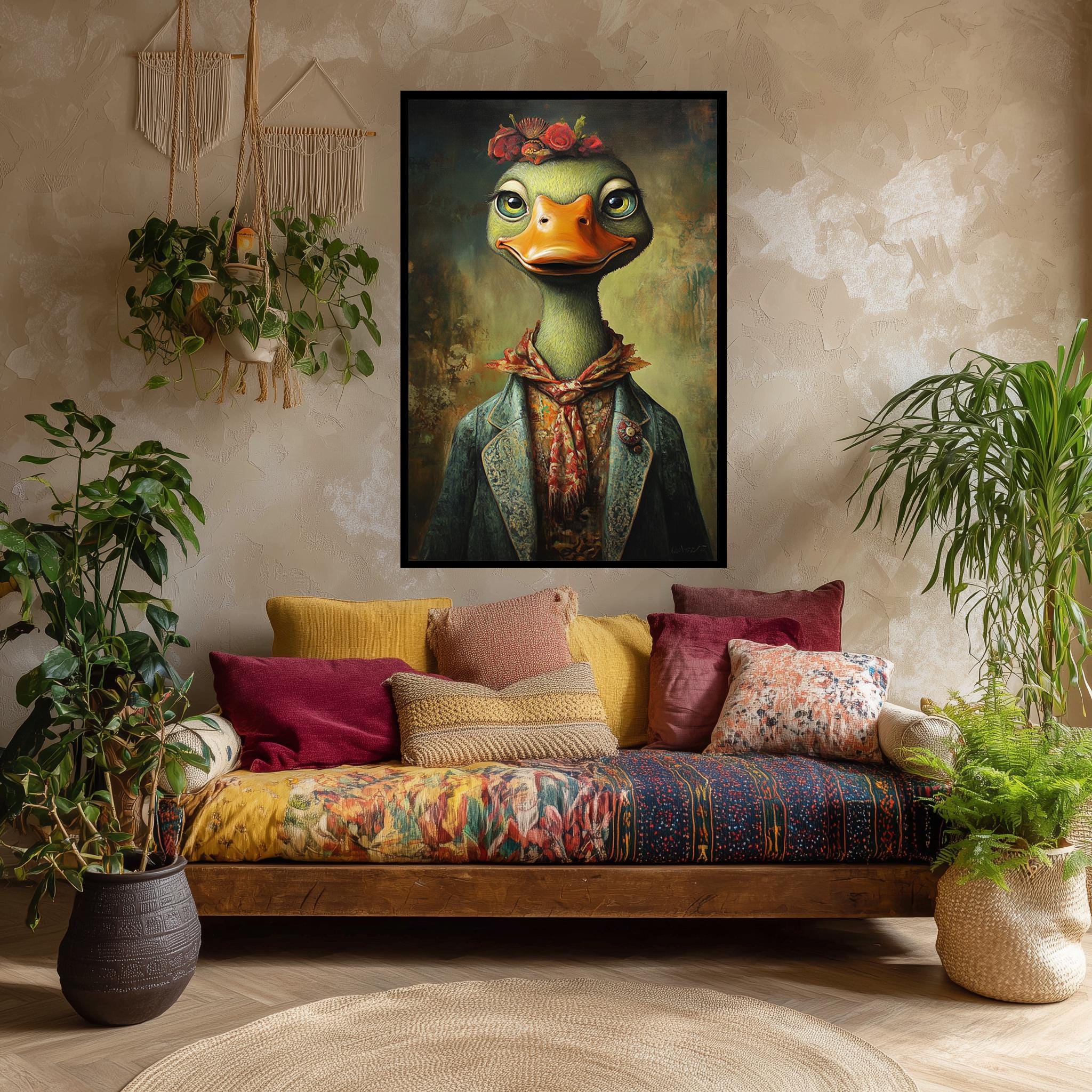 Whimsical Duck Canvas – Vintage Floral Crown Animal Portrait Print for Nursery Wall Art