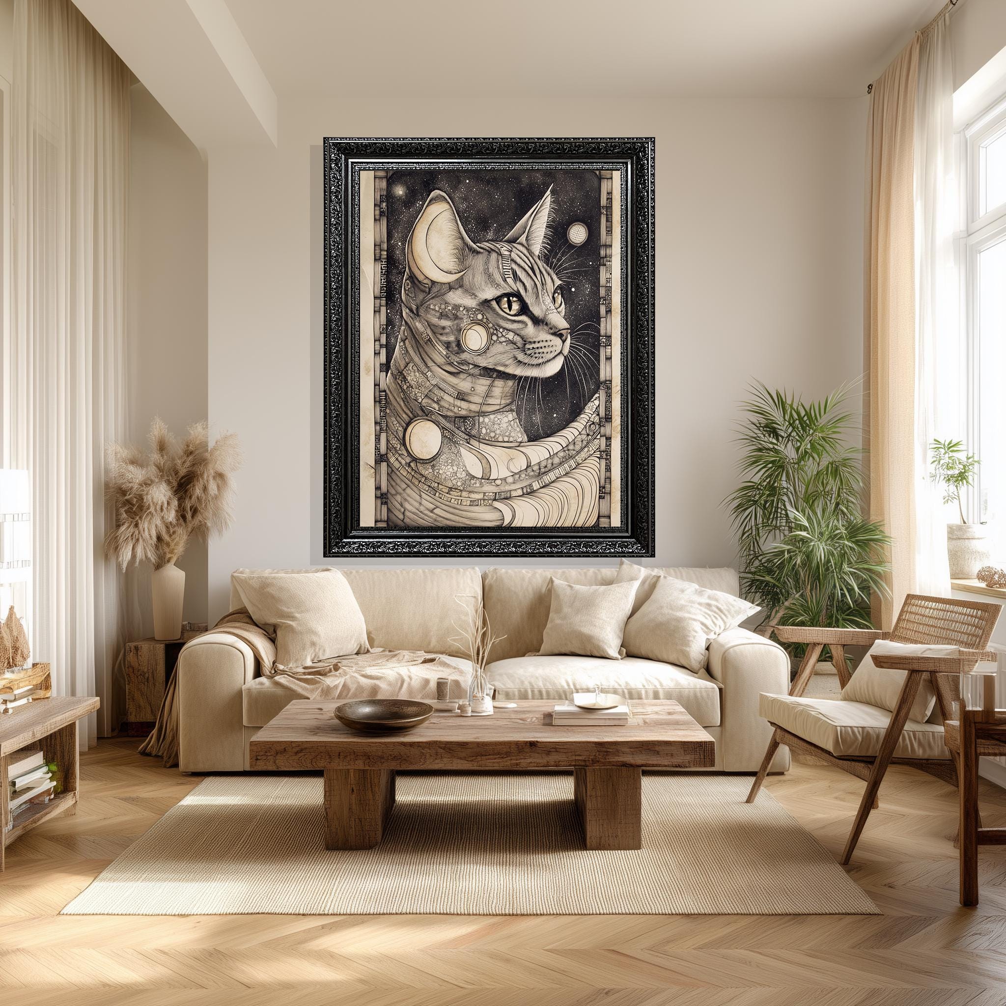 Art Nouveau Cat Canvas - Cosmic Cat Wall Art With Celestial Moon Phases