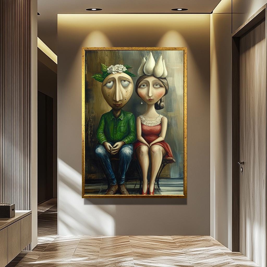 Quirky Couple Wall Art - Unique Romantic Canvas Print | Whimsical Surreal Painting
