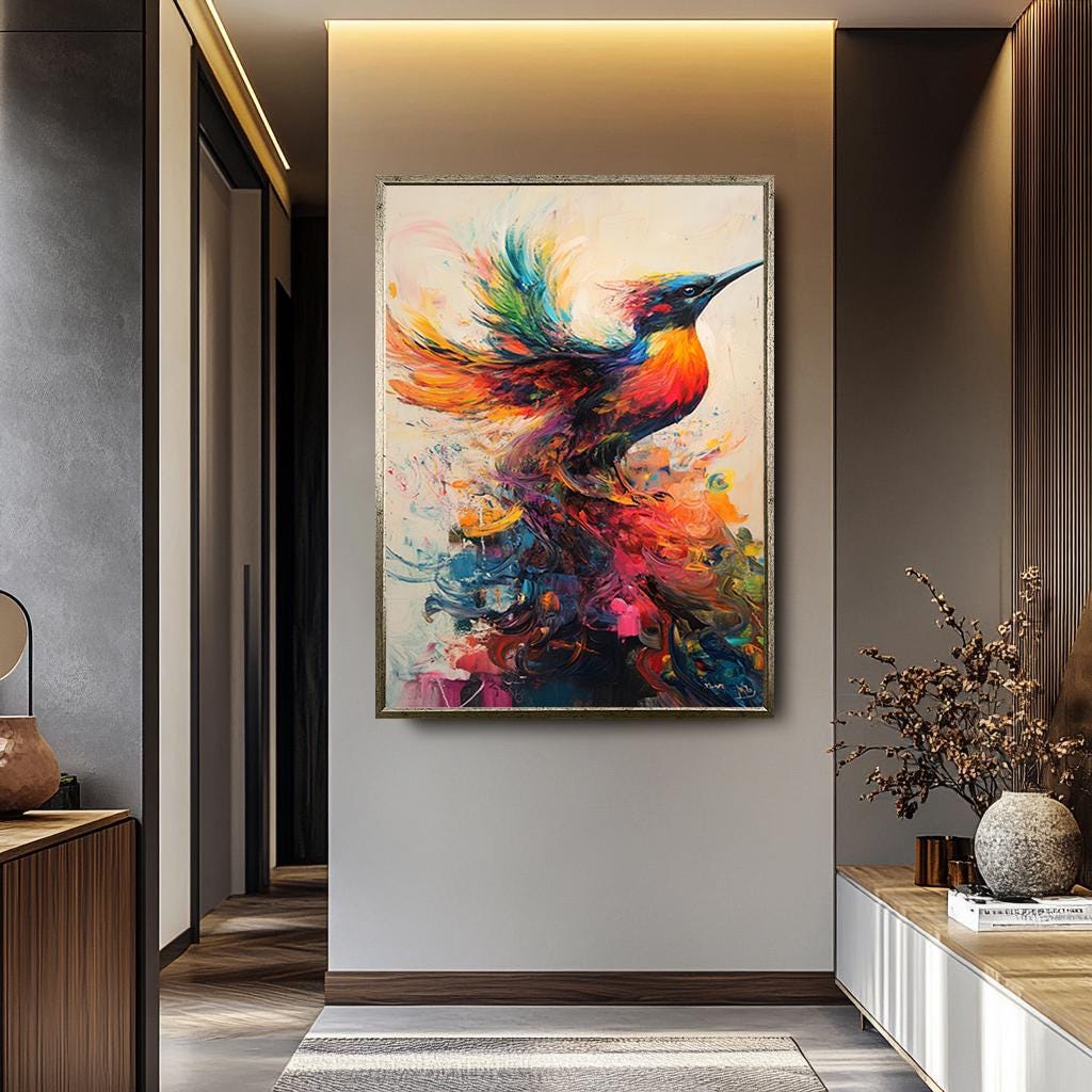 Colorful Bird Wall Art – Abstract Canvas Print With Vibrant Rainbow Painting