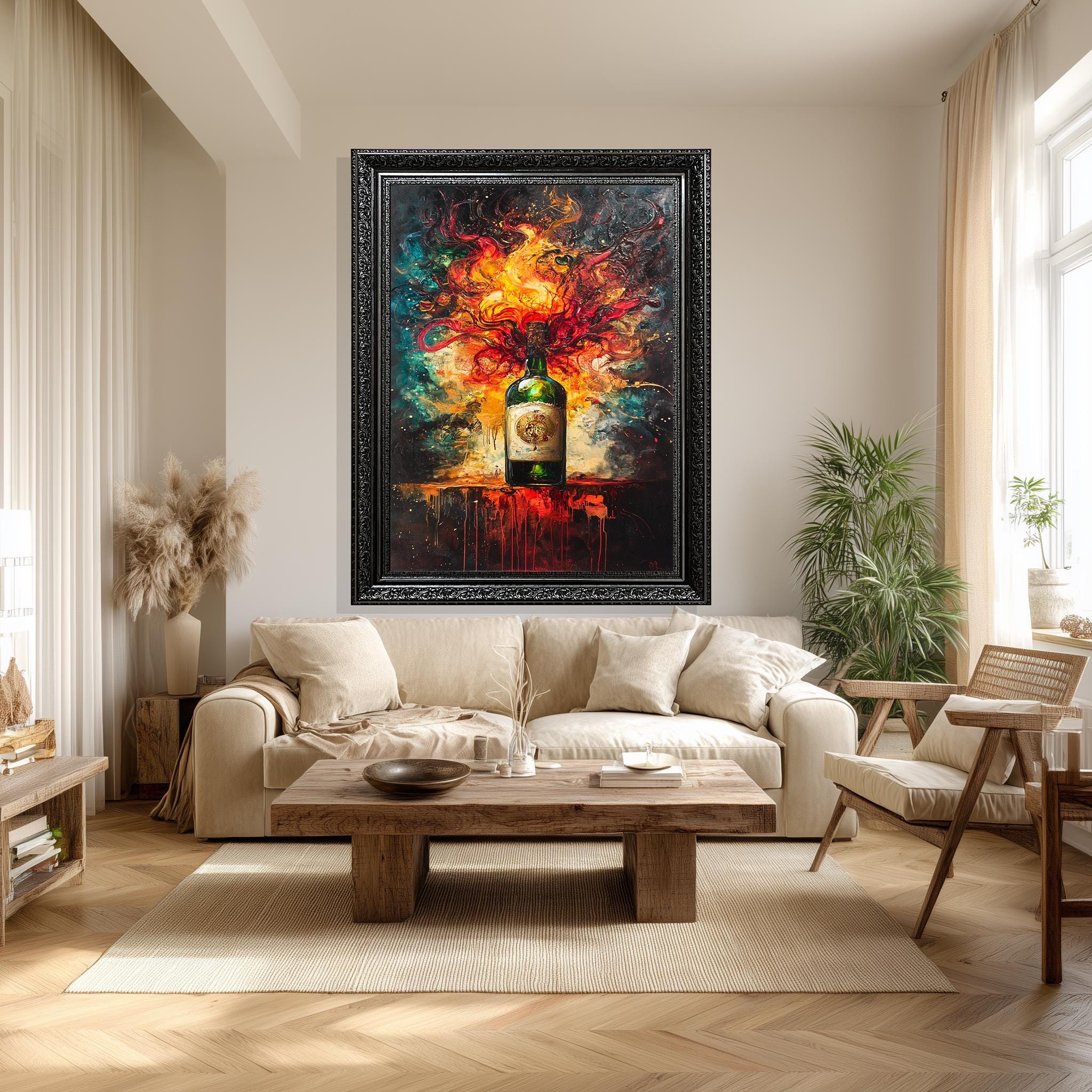 Whiskey Bottle Canvas Art – Fiery Abstract Liquor Print | Bold Bar Wall Decor