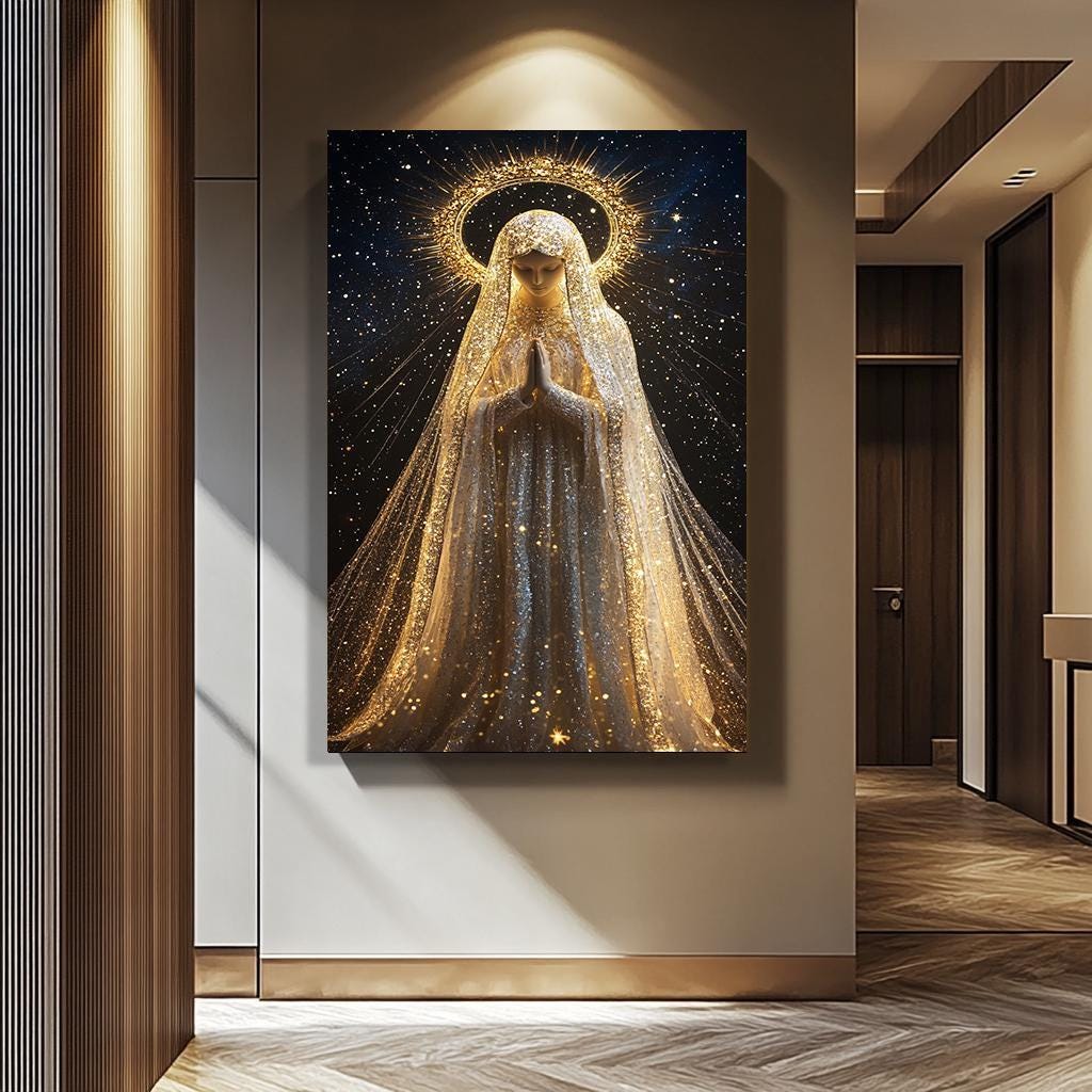 Virgin Mary Wall Art – Mother Mary Canvas Print with Starry Halo | Religious Home Decor