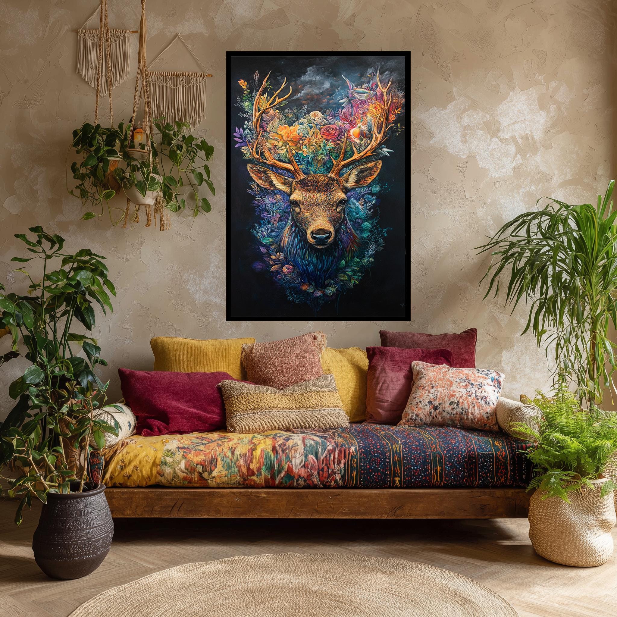 Deer Floral Canvas Print – Vibrant Botanical Stag Portrait | Boho Cottagecore Decor