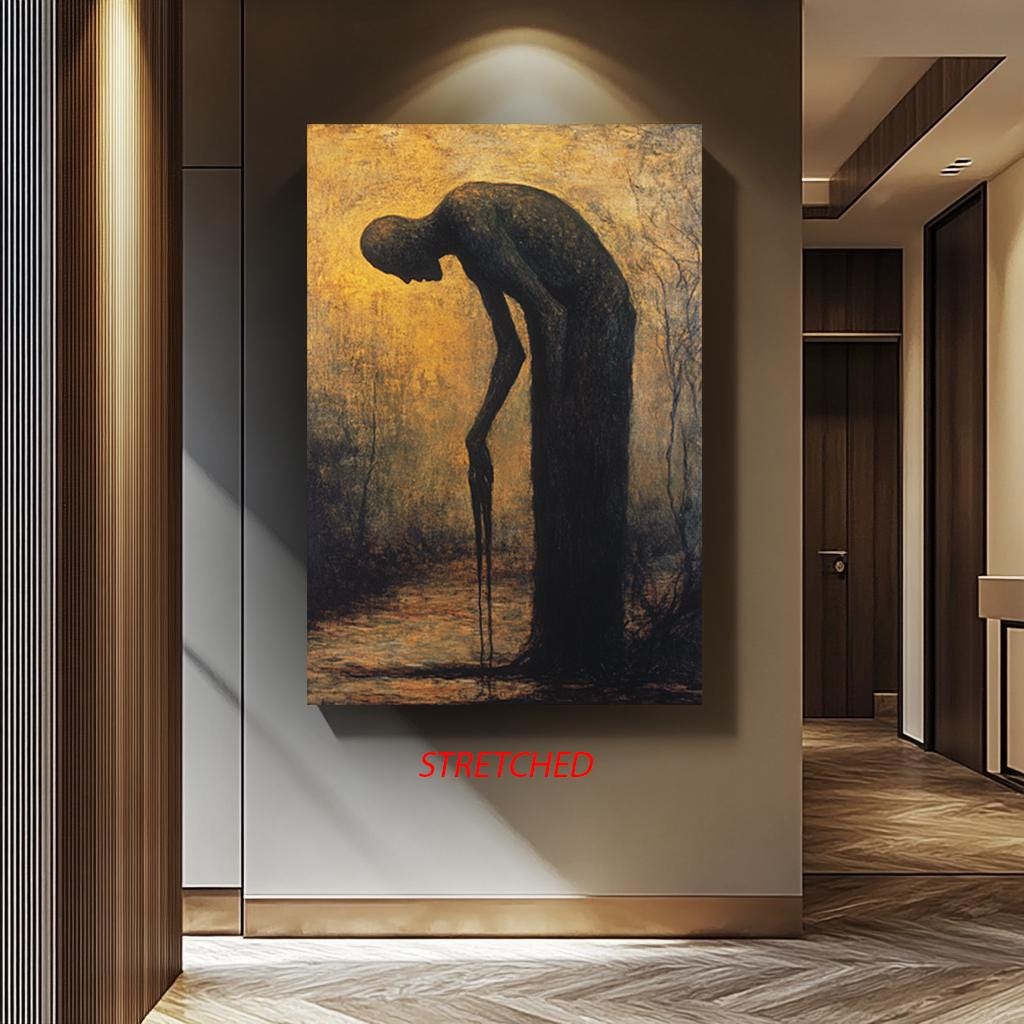 Dark Surreal Canvas Print – Moody Golden Light Gothic Wall Art With Melting Form