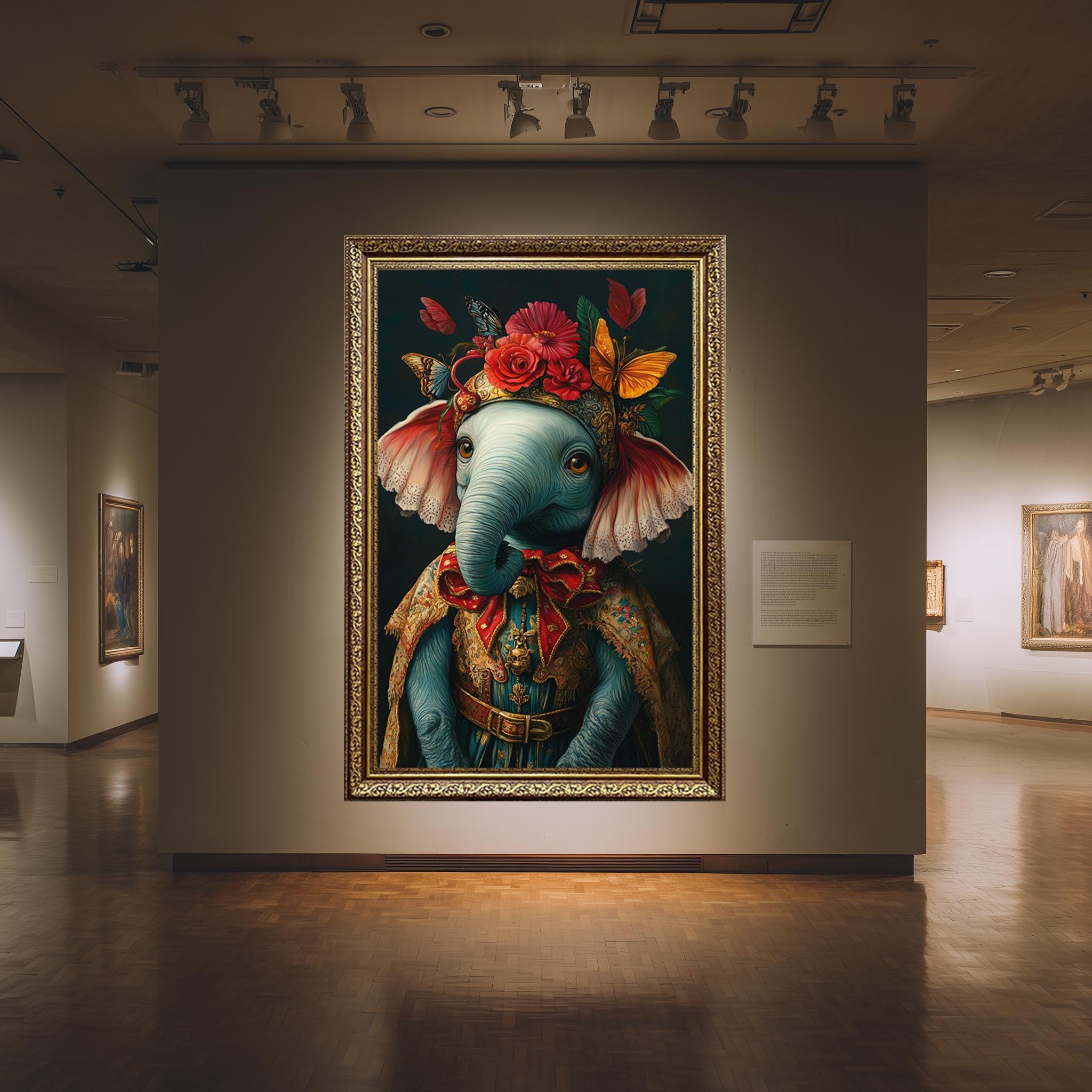 Baby Elephant Canvas Floral Crown Art – Vintage Elephant Print for Boho Nursery Decor