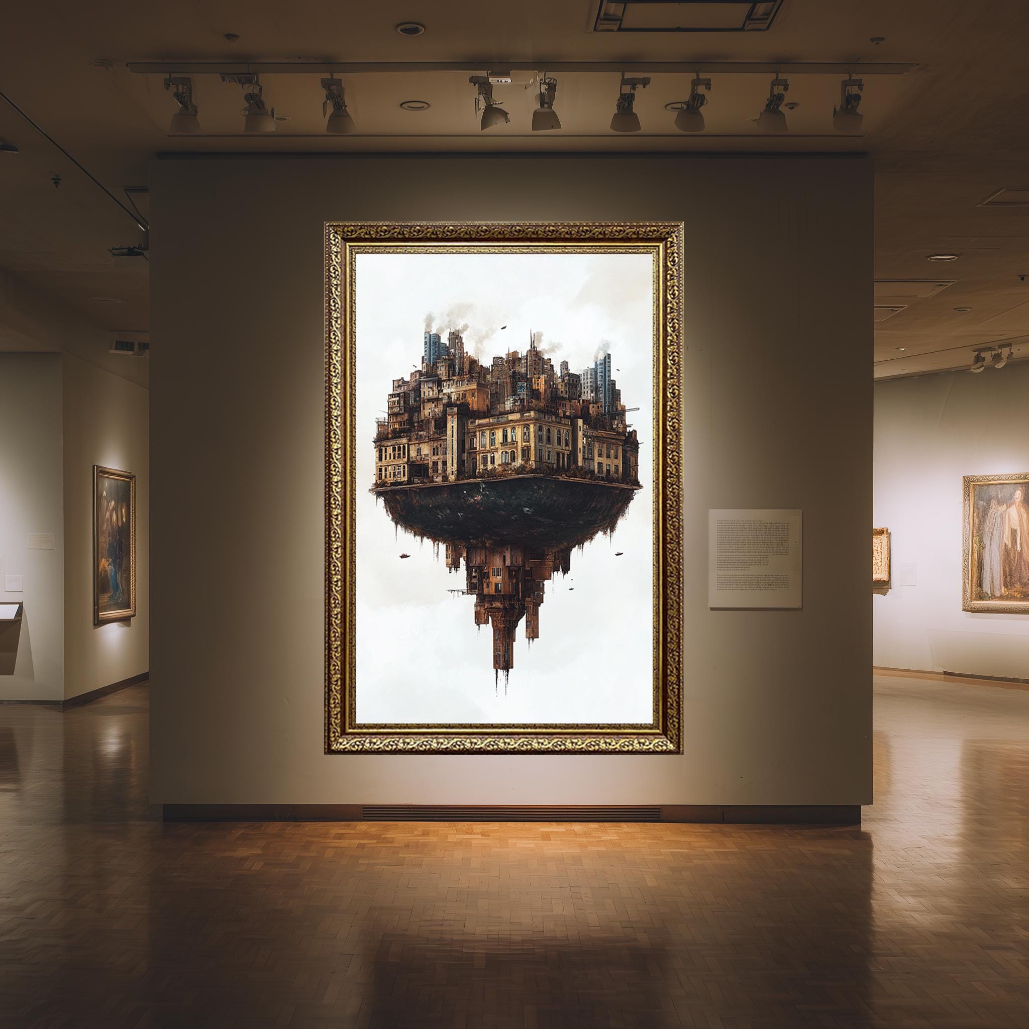 Floating City Canvas – Surreal Urban Fantasy Print with Inverted Buildings Art