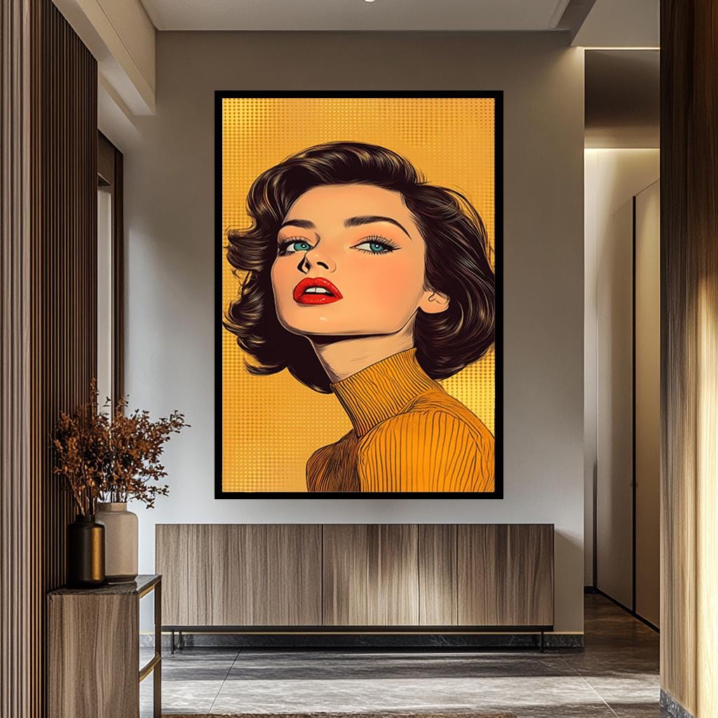 Pop Art Woman Canvas - Retro Wall Art With Bold Fashion Decor & Yellow Background Print
