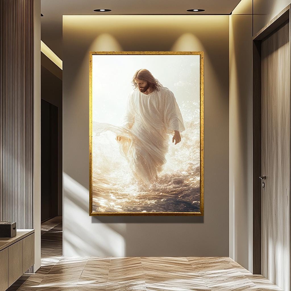 Jesus Walking On Water - White And Gold Canvas | Inspirational Christian Wall Art