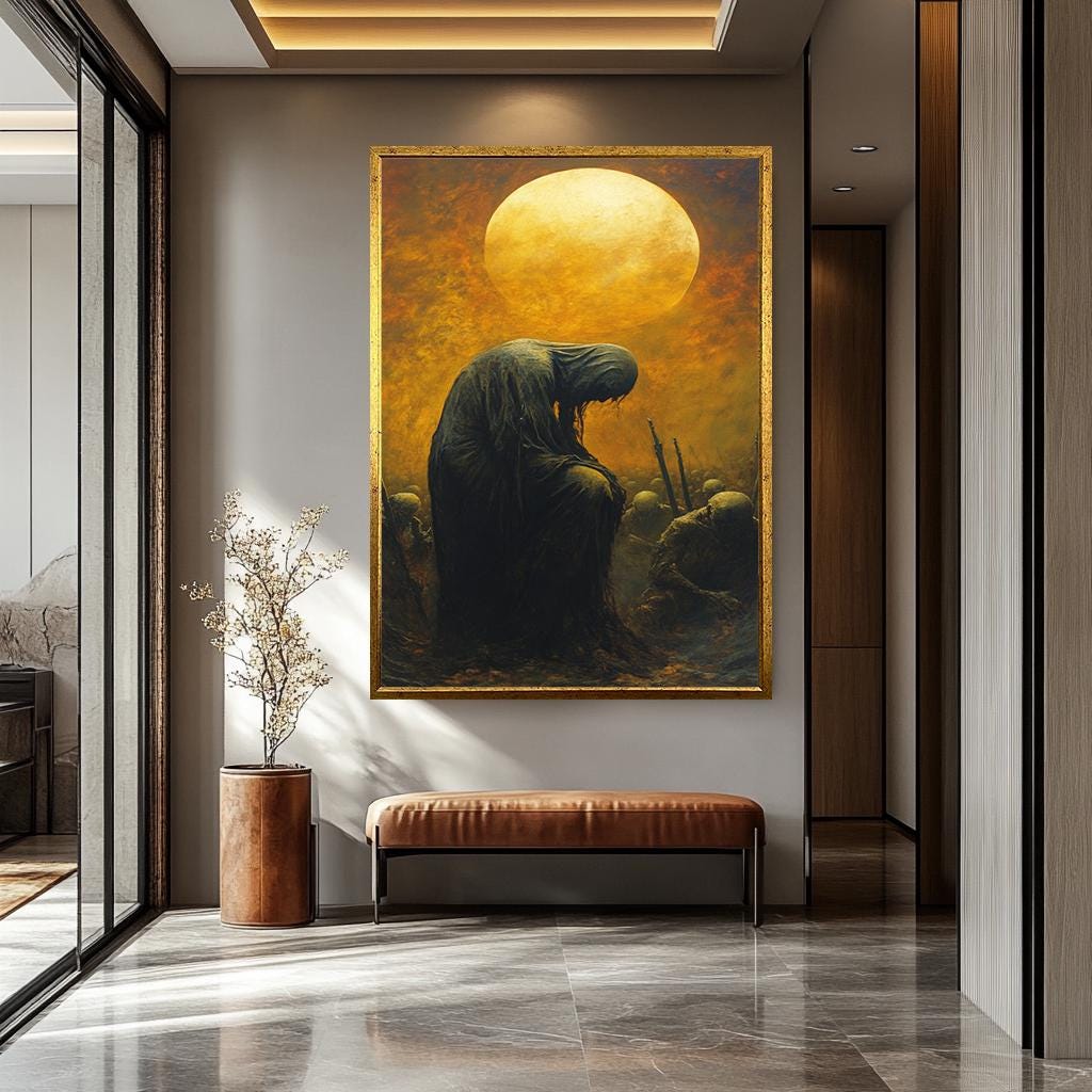 Dark Fantasy Canvas Print – Hooded Figure Artwork with Apocalyptic Skeleton Army & Golden Moon