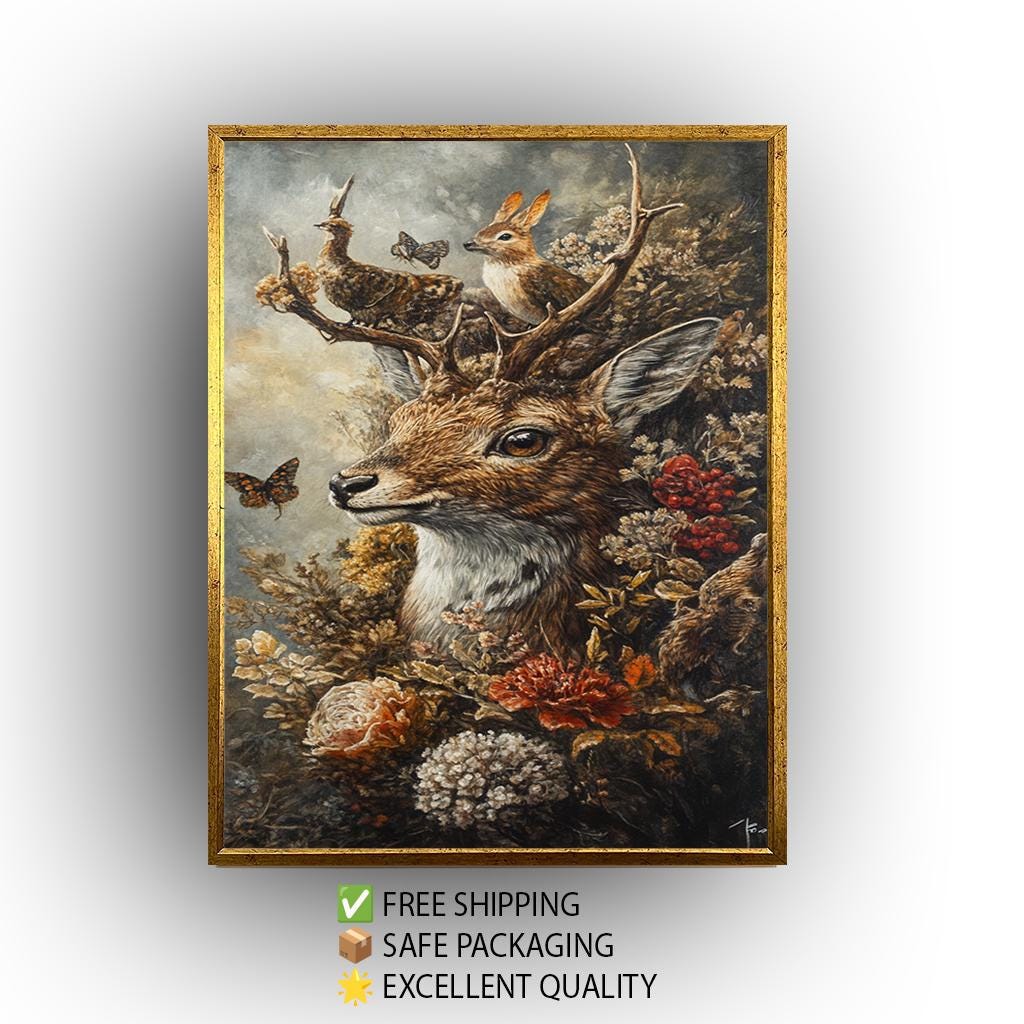 Vintage Deer Canvas – Woodland Animal Print with Butterflies, Rabbits & Flowers
