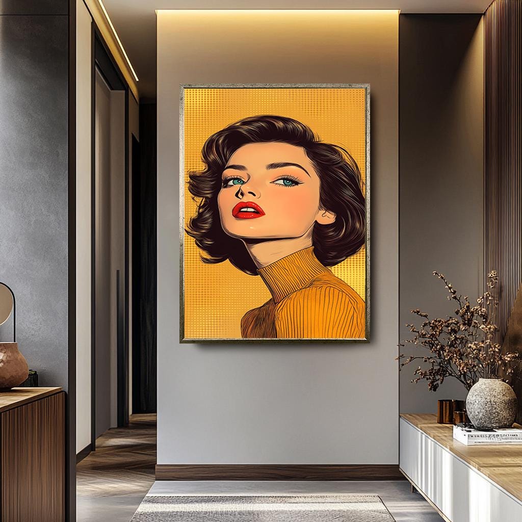 Pop Art Woman Canvas - Retro Wall Art With Bold Fashion Decor & Yellow Background Print