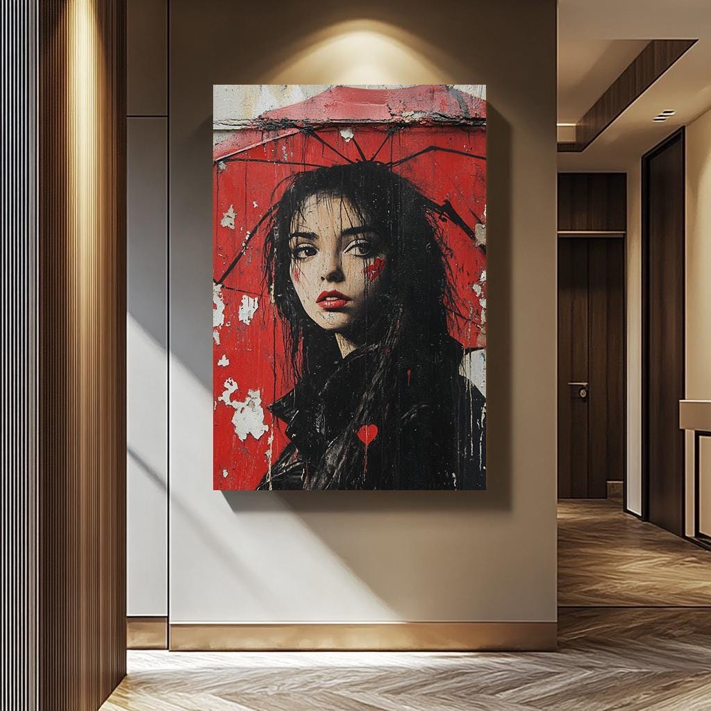 Urban Woman Wall Art - Graffiti Wall Art Portrait Canvas Print with Red Umbrella