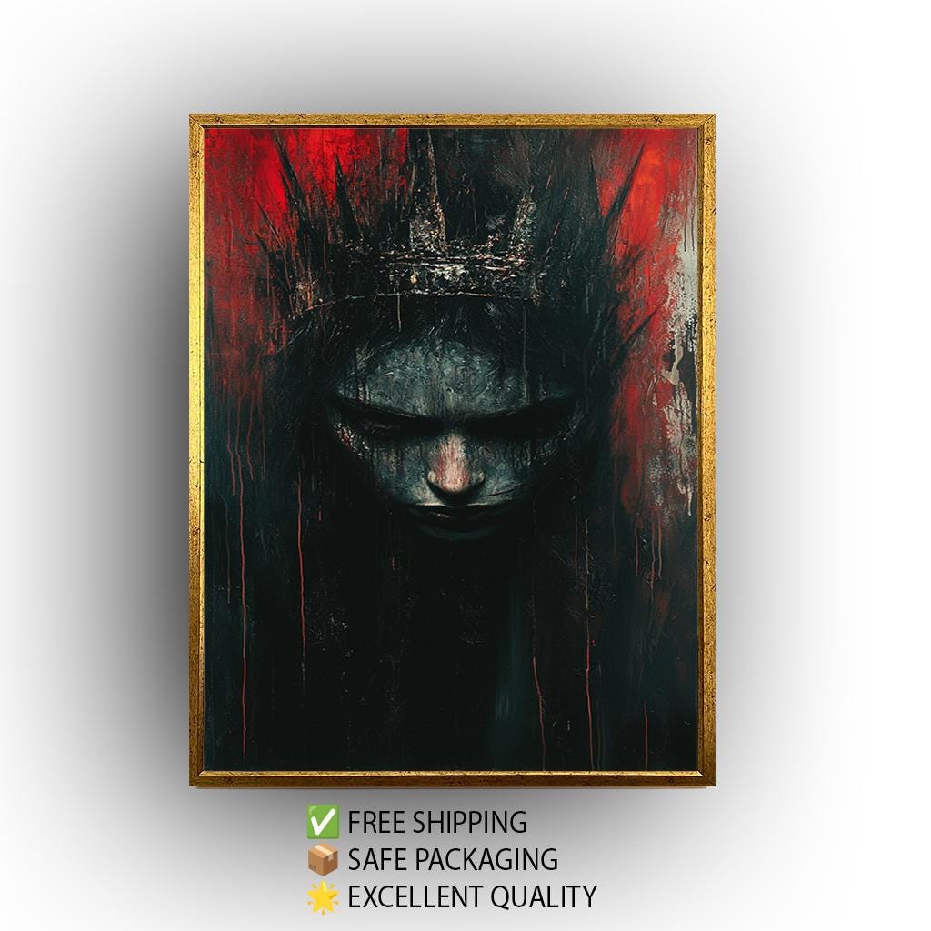 Dark Gothic Queen Canvas | Moody Gothic Wall Art With Fantasy Crown And Abstract Red Black