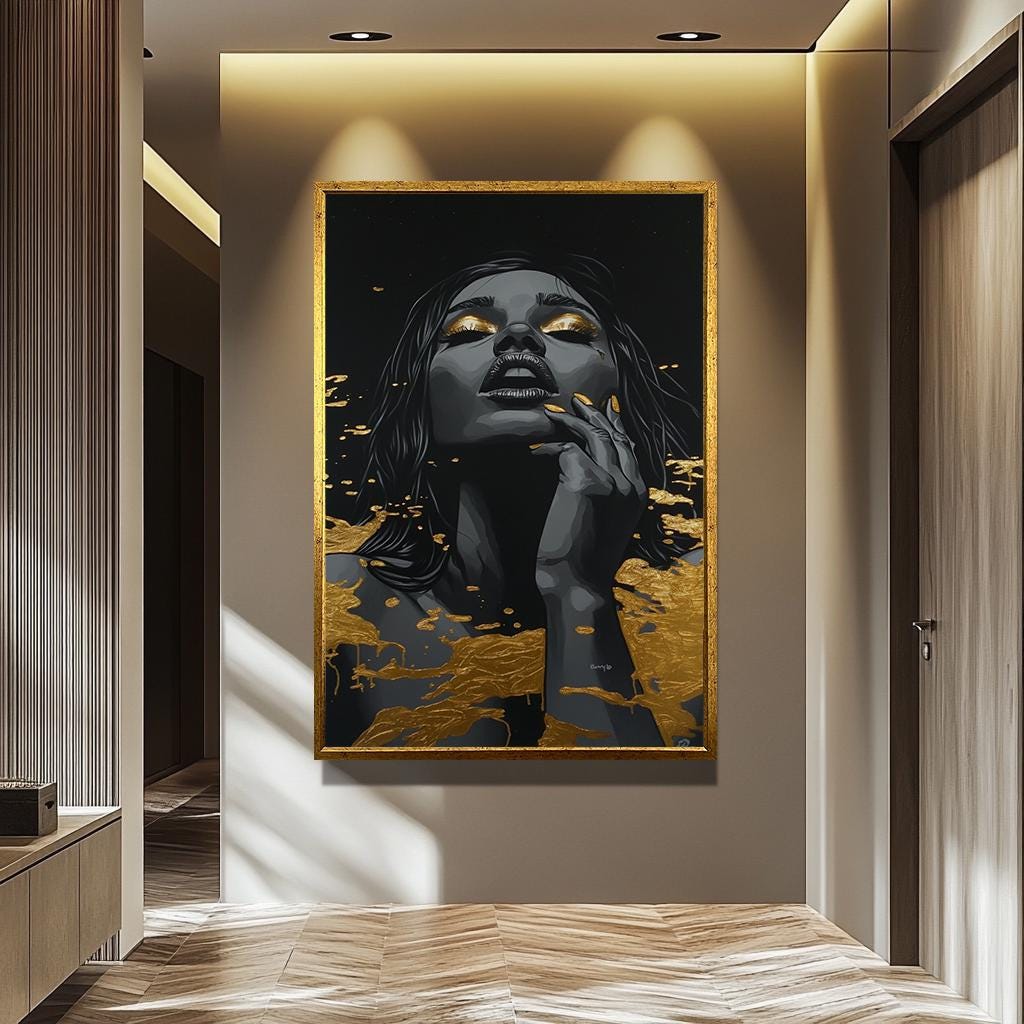 Women Wall Art | Black Gold Abstract Portrait Decor - Luxury Feminine Canvas