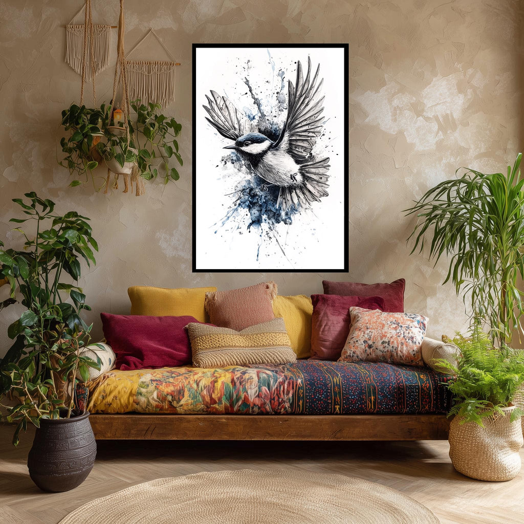 Bird Canvas Wall Art – Modern Watercolor Bird Print in Blue Black White Tones