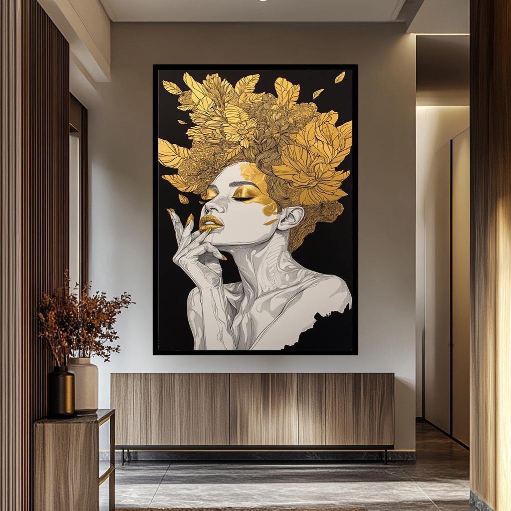 Women Wall Art - Gold Floral Canvas Abstract | Luxury Female Portrait Print