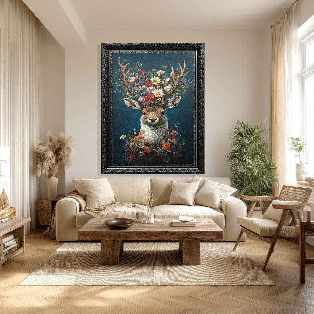 Floral Deer Wall Art – Whimsical Antler Flower Design Canvas for Nursery & Boho Decor