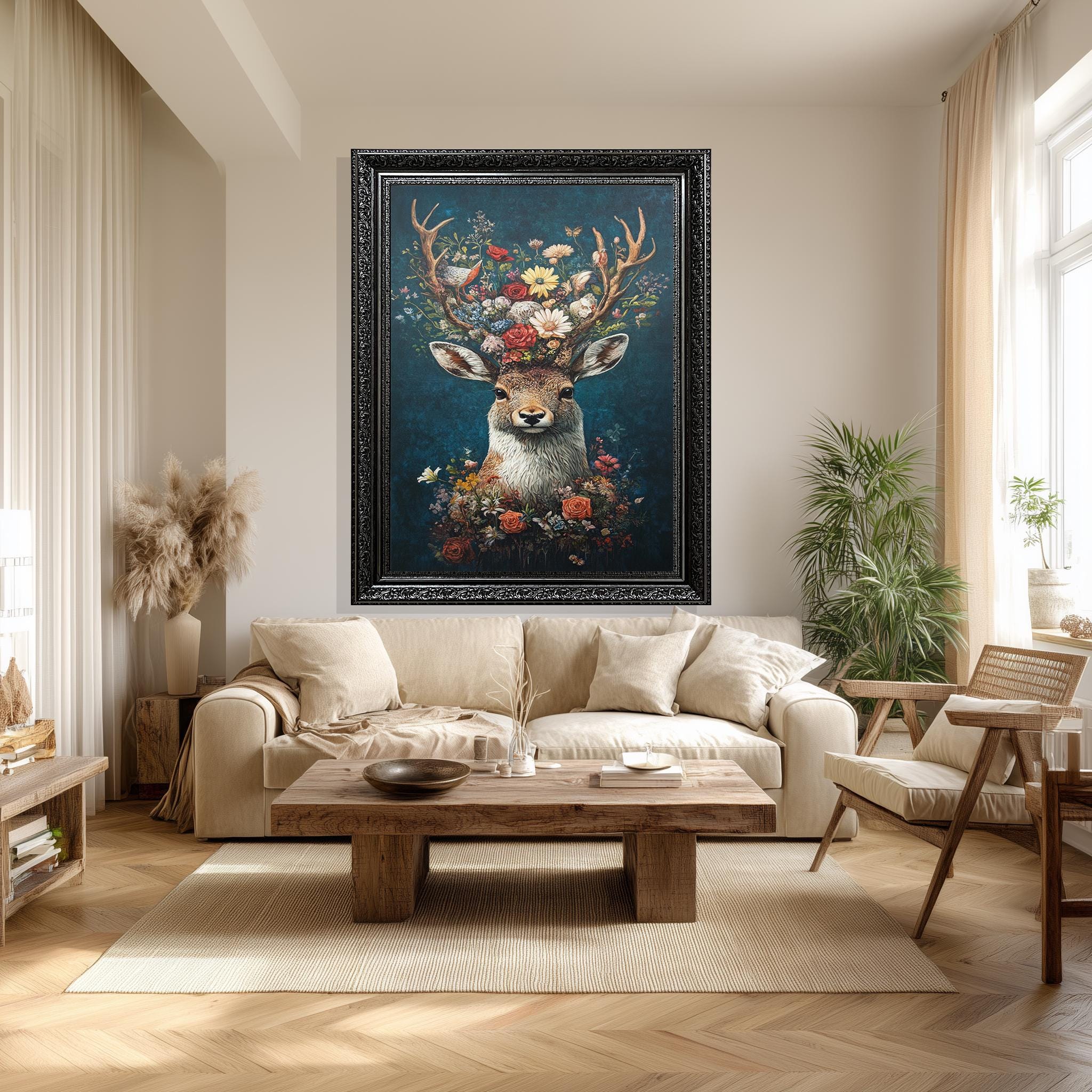 Floral Deer Wall Art – Whimsical Antler Flower Design Canvas for Nursery & Boho Decor