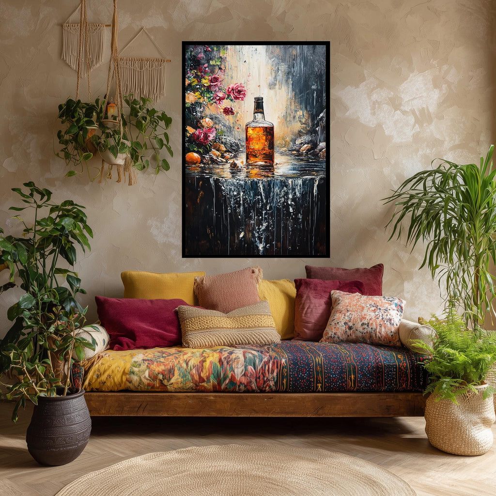 Whiskey Bottle Wall Art – Floral Canvas Print With Waterfall, Romantic Bar Artwork