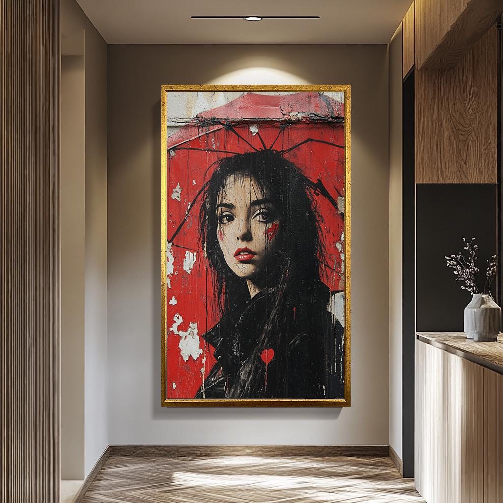 Urban Woman Wall Art - Graffiti Wall Art Portrait Canvas Print with Red Umbrella