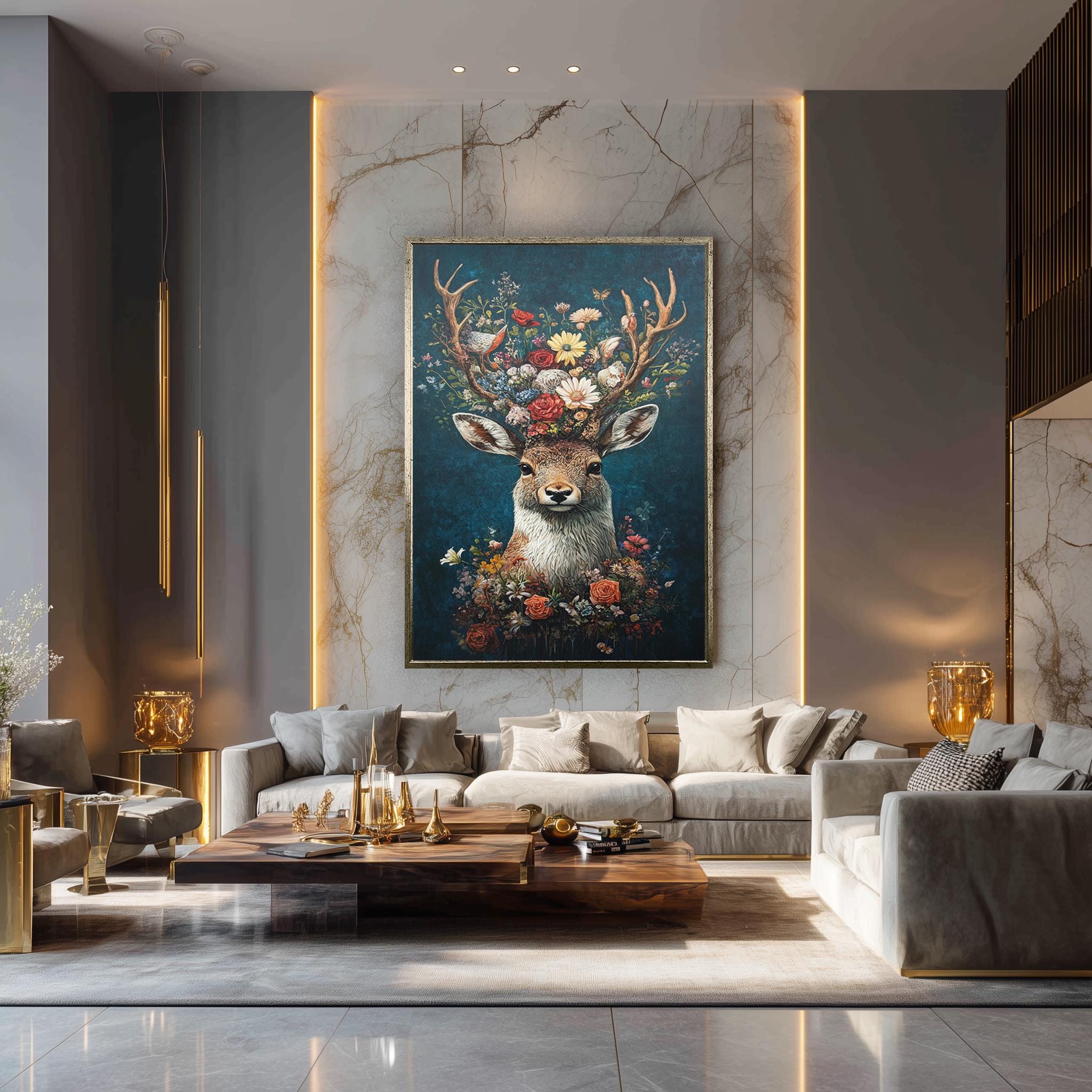 Floral Deer Wall Art – Whimsical Antler Flower Design Canvas for Nursery & Boho Decor