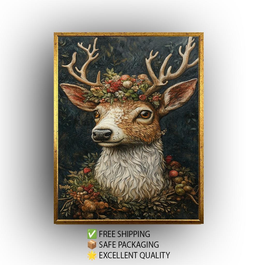 Rustic Deer Canvas Print - Floral Antler Wall Art | Boho Cottagecore Decor