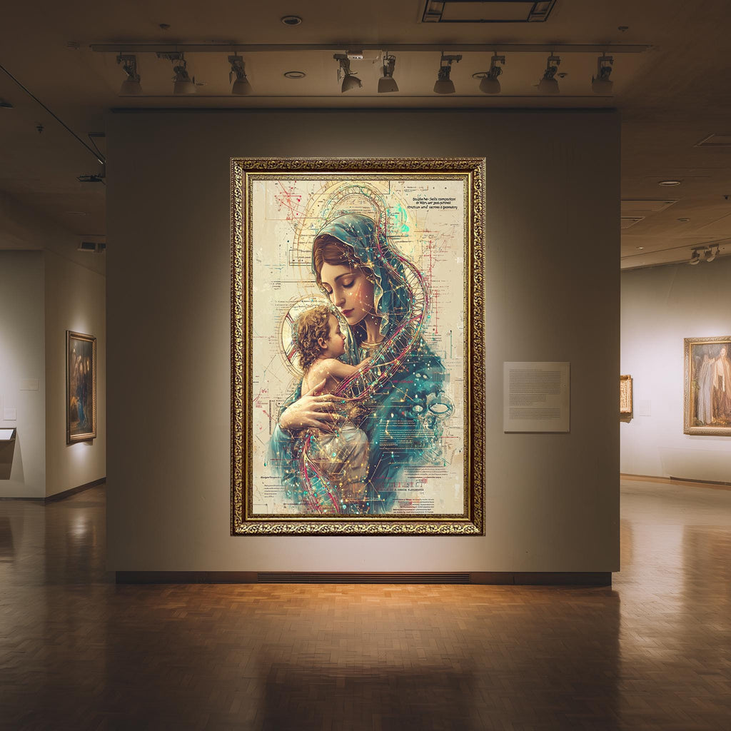 Mother and Child Canvas | Sacred Family Print - Virgin Mary Artwork with Double Helix Halo