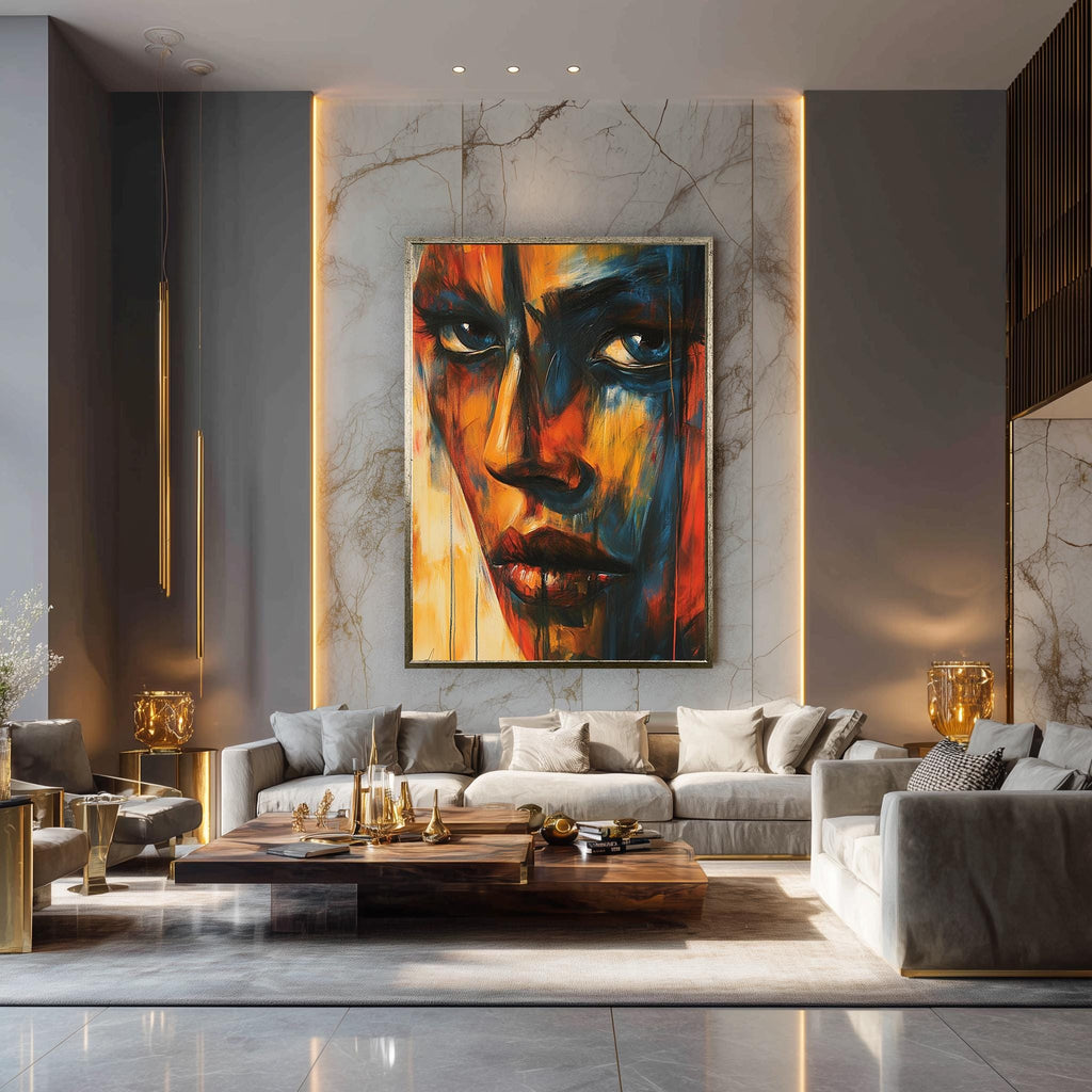 Abstract Face Canvas – Bold Expressive Art with Vibrant Red Blue Orange Tones